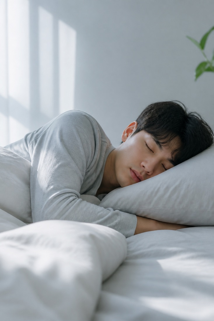薄暗い寝室で昼寝をする人