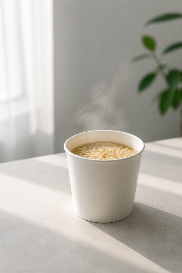 暗いテーブルの上で湯気を立てるカップ麺